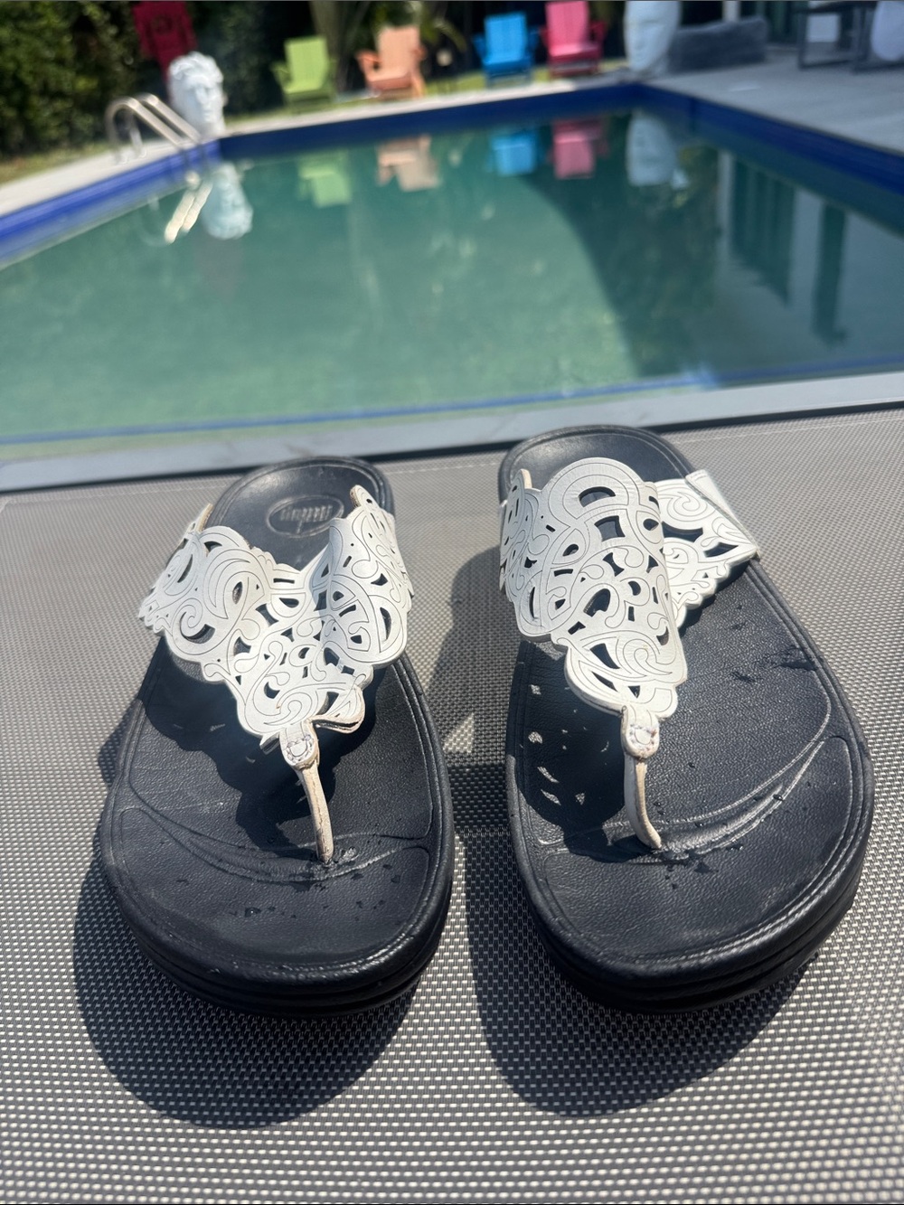 FitFlop White Thong Sandals with Black Footbed